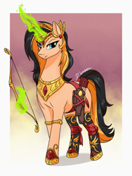 Size: 1536x2048 | Tagged: safe, artist:theuser, derpibooru import, oc, oc only, oc:princess kirana, unicorn, arrow, bow (weapon), bow and arrow, clothes, horn, jewelry, magic, passepartout, regalia, socks, solo, telekinesis, unicorn oc, weapon