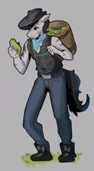 Size: 1116x2042 | Tagged: safe, artist:double-zr-tap, derpibooru import, oc, oc only, oc:louie hooferson, anthro, zebra, bandana, commissioner:legionofblues, cowboy hat, farmer, food, hat, pear, solo, zebra oc