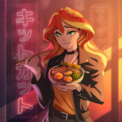 Size: 2000x2000 | Tagged: safe, artist:styarema, derpibooru import, sunset shimmer, human, equestria girls, g4, choker, clothes, ear piercing, earring, food, jacket, jewelry, necklace, noodles, piercing, ramen, solo