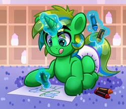 Size: 4000x3457 | Tagged: safe, artist:duckie, derpibooru import, oc, oc only, oc:stargriefer, pony, unicorn, baby, baby bottle, baby pony, colt, crayon, crayon drawing, daycare, diaper, eyebrows, eyebrows visible through hair, foal, horn, indoors, levitation, lying down, lying on the ground, magic, magic aura, male, on ground, solo, telekinesis, traditional art