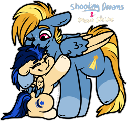 Size: 1651x1578 | Tagged: safe, artist:sexygoatgod, derpibooru import, oc, oc only, oc:moon shine, oc:shooting dreams, pegasus, pony, adoptable, female, filly, foal, hug, male, simple background, stallion, transparent background