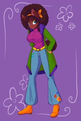 Size: 1365x2048 | Tagged: safe, artist:mscolorsplash, derpibooru import, oc, oc only, oc:cosmic brownie, anthro, earth pony, plantigrade anthro, 70s, afro, bald face, beads, belt, blaze (coat marking), boots, bow, breasts, clothes, coat markings, cute, denim, dreadlocks, ear markings, eyebrows, eyebrows visible through hair, eyeliner, facial markings, female, flower, hairband, heterochromia, jeans, looking at you, makeup, open mouth, overcoat, pants, purple background, shoes, short tail, simple background, sweater, tail, turtleneck, turtleneck sweater, vintage