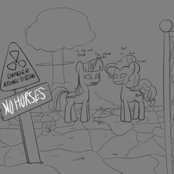 Size: 1155x1155 | Tagged: safe, derpibooru import, earth pony, pony, unicorn, g4, beavis, beavis and butthead, butthead, danger zone, drawthread, duo, duo female, duochrome, female, fuck the police, gray background, horn, lineart, mare, not pinkie pie, not twilight sparkle, nuclear explosion, nuclear symbol, ponified, ponified animal photo, ponified horse photo, requested art, simple background, species swap, trespassing