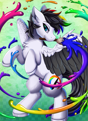 Size: 2493x3413 | Tagged: safe, artist:pridark, derpibooru import, oc, oc only, oc:colorful ink, pegasus, pony, mouth hold, paint, paintbrush, pegasus oc, solo