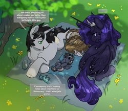 Size: 2400x2084 | Tagged: safe, artist:opalacorn, derpibooru import, oc, oc only, oc:princess astri, oc:silver star, alicorn, pony, unicorn, ..., baby, baby bottle, baby pony, basket, birthmark, bottle, colt, commission, dialogue, diaper, family, female, foal, food, horn, juice, juice box, male, mare, oc x oc, outdoors, overhead view, picnic basket, picnic blanket, sandwich, shipping, speech bubble, stallion, straight, trio, wings