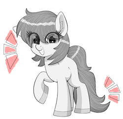 Size: 2067x2000 | Tagged: safe, artist:scandianon, derpibooru import, oc, oc only, earth pony, pony, earth pony oc, emanata, eye clipping through hair, eyelashes, female, gray eyes, gray hooves, gray mane, gray tail, grayscale, grey tail, grin, happy, looking at you, mare, monochrome, raised hoof, raised leg, simple background, smiling, smiling at you, solo, standing on three hooves, teeth, unnamed oc, white background, white coat