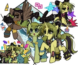 Size: 1480x1230 | Tagged: safe, artist:jwnn_, derpibooru import, earth pony, pegasus, pony, unicorn, alternate hairstyle, blue eyes, blush sticker, blushing, bracelet, brown coat, brown eyeshadow, brown mane, brown tail, camouflage, clothes, dreadlocks, emanata, ermes costello, eyelashes, eyeshadow, female, flying, foo fighters, frown, golden eyes, green coat, green eyes, green eyeshadow, green mane, green tail, group hug, hair bun, hair tie, horn, hug, jewelry, jojo's bizarre adventure, jolyne cujoh, leg warmers, long mane, looking at someone, makeup, mare, mismatched eyeshadow, nonbinary, open mouth, open smile, overalls, pants, ponified, ponytail, prisoner, raised hoof, raised leg, shackles, shiny mane, shirt, short mane, shorts, sitting, sleeveless, sleeveless shirt, smiling, smiling at someone, species swap, spiky mane, spread wings, stone ocean, sweater, tail, tail tie, tattoo, thick eyelashes, three quarter view, tied mane, tied tail, trio, turtleneck, two toned mane, two toned tail, unicorn horn, walking, wings, wristband