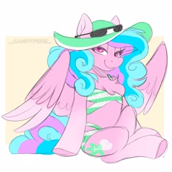 Size: 2048x2048 | Tagged: safe, artist:_candypone_, derpibooru import, oc, oc only, oc:lillith, pegasus, pony, bikini, chest fluff, clothes, colored wings, female, hat, mare, multicolored hair, multicolored wings, passepartout, pegasus oc, simple background, smiling, solo, sunglasses, swimsuit, wings