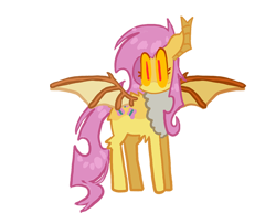 Size: 1650x1275 | Tagged: safe, alternate version, artist:koidial, derpibooru import, fluttershy, bat pony, pony, g4, alternate design, bat ponified, big ears, big eyes, body fluff, brown wings, butt fluff, chest fluff, colored, colored chest fluff, colored lineart, colored sclera, colored wings, ears, eye clipping through hair, eyelashes, female, flat colors, flutterbat, hock fluff, mare, no catchlights, no mouth, no pupils, pink mane, pink tail, race swap, red eyes, requested art, shiny mane, shiny tail, signature, simple background, solo, spread wings, standing, tail, transparent background, two toned wings, wings, yellow coat