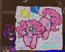 Size: 879x702 | Tagged: safe, artist:dddddaxie998839, derpibooru import, pinkie pie, earth pony, pony, g4, 2022, balloon, blue eyes, confetti in mane, confetti in tail, eyelashes, female, floating heart, heart, lying down, mare, old art, open mouth, open smile, pink coat, pink mane, pink tail, prone, roblox, shiny eyes, smiling, sparkles, spray paint!, stars, tail