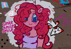 Size: 2048x1421 | Tagged: safe, artist:dddddaxie998839, derpibooru import, pinkie pie, anthro, cat, earth pony, g4, big eyes, blood, blue eyes, blush sticker, blushing, clothes, colored pinnae, curly hair, curly mane, eyelashes, female, femtanyl, long mane, looking at you, pink coat, pink mane, pink text, pride, pride flag, roblox, smile smile smile, smiling, smiling at you, spray paint!, tanktop, transgender pride flag