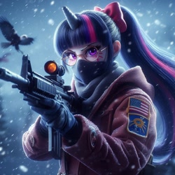 Size: 1024x1024 | Tagged: safe, ai content, derpibooru import, machine learning generated, sci-twi, twilight sparkle, human, female, glasses, gun, human female, outdoors, prompter:samueldavillo, solo, weapon