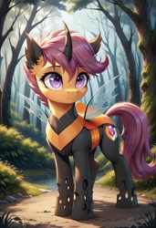 Size: 800x1169 | Tagged: safe, ai content, derpibooru import, generator:pony diffusion v6 xl, generator:stable diffusion, machine learning generated, scootaloo, changedling, changeling, g4, changedlingified, cutie mark on changeling, female, forest, mare, nature, outdoors, prompter:gregorymars, scootaling, solo, species swap, tree