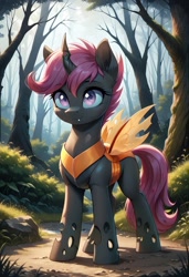 Size: 800x1169 | Tagged: safe, ai content, derpibooru import, generator:pony diffusion v6 xl, generator:stable diffusion, machine learning generated, scootaloo, changedling, changeling, g4, changedlingified, female, forest, mare, nature, orange changeling, outdoors, prompter:gregorymars, scootaling, solo, species swap, tree