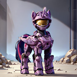 Size: 1024x1024 | Tagged: safe, ai content, derpibooru import, generator:stable diffusion, machine learning generated, twilight sparkle, alicorn, pony, armor, generator:autismmix pony, halo (series), looking at you, outdoors, prompter:thunderflash, solo, spartan