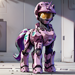 Size: 1024x1024 | Tagged: safe, ai content, derpibooru import, generator:stable diffusion, machine learning generated, starlight glimmer, pony, unicorn, armor, generator:autismmix pony, halo (series), horn, outdoors, prompter:thunderflash, solo, spartan