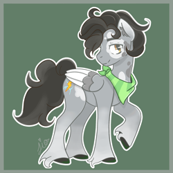 Size: 2048x2048 | Tagged: safe, artist:duckyia, derpibooru import, oc, oc only, oc:grayhoof, pegasus, pony, bandana, brown eyes, curly hair, curly mane, curly tail, ear fluff, ears, folded wings, gray coat, grey hair, lightning, passepartout, raised hoof, raised leg, solo, tail, wings