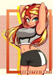 Size: 706x1000 | Tagged: safe, artist:the-park, derpibooru import, sunset shimmer, human, equestria girls, g4, abstract background, arm behind head, armpits, belly, belly button, breasts, clothes, female, human coloration, midriff, smiling, solo, sports outfit, sunset jiggler