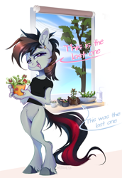 Size: 1983x2876 | Tagged: safe, artist:mithriss, derpibooru import, oc, oc only, oc:#, anthro, earth pony, unguligrade anthro, accessory, chest fluff, clothes, ear piercing, earring, female, jewelry, mare, piercing, plant, shirt, solo, t-shirt, text, unshorn fetlocks, window