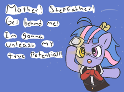 Size: 700x520 | Tagged: safe, artist:wanda, derpibooru import, wind sprint, pegasus, pony, clothes, cosplay, costume, dialogue, female, filly, foal, golden eyes, patch, ribbon, solo, uniform