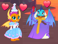 Size: 1367x1040 | Tagged: safe, artist:darlycatmake, artist:jhayarr23, artist:queencold, derpibooru import, edit, ponerpics import, princess ember, smolder, dragon, beautiful, bloodstone scepter, clothes, cute, dress, duo, duo female, evening gloves, female, flower, flower in hair, froufrou glittery lacy outfit, gloves, gown, hat, heart, hennin, jewelry, lava, long gloves, looking at you, necklace, petticoat, poofy shoulders, pretty, princess, princess costume, princess dress, princess smolder, puffy sleeves, smolder also dresses in style, smolderbetes, tiara