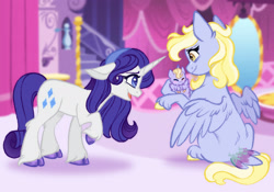 Size: 2048x1431 | Tagged: safe, artist:carouselunique, derpibooru import, derpy hooves, dinky hooves, rarity, pegasus, pony, unicorn, baby, baby pony, carousel boutique, female, foal, hairband, horn, indoors, mare, mother and child, mother and daughter, newborn foal, parent and child, side stars au, trio, trio female