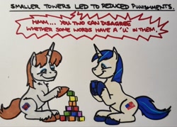 Size: 2048x1463 | Tagged: safe, artist:hoofclid, derpibooru import, shining armor, oc, oc:hoofclid, pony, unicorn, g4, blocks, duo, duo male, horn, male, marker drawing, sitting, smiling, tower of babel, traditional art