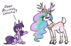 Size: 1240x800 | Tagged: safe, artist:king-kakapo, derpibooru import, princess celestia, twilight sparkle, unicorn twilight, deer, pony, unicorn, g4, antlers, celestia is not amused, cloven hooves, dear princess celestia, deer princess celestia, deerified, deerlestia, dialogue, duo, female, frown, looking at you, mare, narrowed eyes, pun, simple background, sitting, species swap, talking to viewer, unamused, visual pun, white background