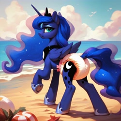 Size: 4096x4096 | Tagged: safe, ai content, derpibooru import, machine learning generated, princess luna, alicorn, pony, g4, beach, diaper, diaper fetish, female, fetish, jewelry, non-baby in diaper, outdoors, poofy diaper, prompter:minty breeze, raised hoof, raised leg, regalia, solo