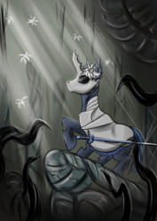 Size: 2508x3541 | Tagged: safe, artist:kirieshka, derpibooru import, oc, oc only, changeling, abyss, alternate universe, armor, deep, equipment, flower, hollow knight, sword, tentacles, weapon