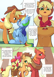 Size: 4169x5906 | Tagged: safe, artist:flvski, derpibooru import, apple bloom, applejack, big macintosh, rainbow dash, earth pony, pegasus, pony, apple, apple bloom's bow, apple tree, appledash, applejack's hat, blank flank, blushing, boop, bow, clothes, comic, cowboy hat, eyebrows, eyebrows visible through hair, female, filly, foal, folded wings, food, freckles, hair bow, hat, lesbian, male, mare, nose wrinkle, noseboop, one eye closed, outdoors, ponies riding ponies, raised hoof, raised leg, riding, riding a pony, shipping, sitting, speech bubble, stallion, straw in mouth, sweat, tail, tree, wings