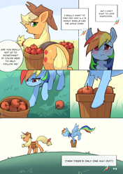 Size: 4169x5906 | Tagged: safe, artist:flvski, derpibooru import, applejack, rainbow dash, earth pony, pegasus, pony, apple, appledash, applejack's hat, blushing, clothes, comic, cowboy hat, duo, duo female, female, flying, food, freckles, grass, hat, lesbian, mare, open mouth, outdoors, shipping, speech bubble, spread wings, wings