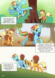 Size: 4169x5906 | Tagged: safe, artist:flvski, derpibooru import, applejack, rainbow dash, earth pony, pegasus, pony, apple, apple tree, applebucking, appledash, applejack's hat, clothes, comic, cowboy hat, duo, duo female, eyebrows, eyebrows visible through hair, female, flying, folded wings, food, freckles, grass, hat, lesbian, looking back, mare, open mouth, open smile, outdoors, raised hoof, raised leg, shipping, smiling, spread wings, sweat, tail, tongue, tongue out, tree, wings