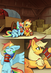 Size: 4169x5906 | Tagged: safe, artist:flvski, derpibooru import, applejack, rainbow dash, earth pony, pegasus, pony, apple cider, appledash, applejack's hat, cider, cider mug, clothes, comic, cowboy hat, drink, drinking, duo, duo female, eyes closed, female, folded wings, freckles, hat, indoors, lesbian, licking, licking lips, mare, mug, shipping, spread wings, tail, tongue, tongue out, wings