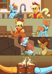 Size: 4169x5906 | Tagged: safe, artist:flvski, derpibooru import, applejack, rainbow dash, earth pony, pegasus, pony, apple cider, appledash, applejack's hat, cider, cider dash, cider mug, clothes, comic, cowboy hat, duo, duo female, eyebrows, eyebrows visible through hair, eyes closed, female, folded wings, freckles, hat, indoors, lesbian, mare, mug, open mouth, shipping, sleeping, smiling, tail, wings