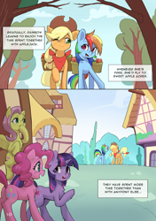 Size: 4169x5906 | Tagged: safe, artist:flvski, derpibooru import, applejack, fluttershy, pinkie pie, rainbow dash, twilight sparkle, unicorn twilight, earth pony, pegasus, pony, unicorn, apple, apple tree, appledash, applejack's hat, blushing, butt, chest fluff, clothes, comic, cowboy hat, dock, female, flying, folded wings, food, freckles, hat, horn, lesbian, looking at each other, looking at someone, mare, one eye closed, open mouth, open smile, outdoors, plot, ponyville, raised hoof, raised leg, shipping, smiling, smiling at each other, spread wings, tail, tree, wings, wink