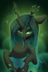 Size: 683x1024 | Tagged: safe, artist:kebchach, derpibooru import, queen chrysalis, changeling, changeling queen, heart, lidded eyes, needs more jpeg, solo, tongue, tongue out