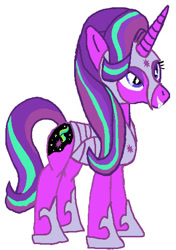 Size: 361x514 | Tagged: safe, artist:qjosh, derpibooru import, starlight glimmer, pony, unicorn, g4, armor, boots, criniere, croupiere, cuirass, darkened coat, eyeshadow, fauld, female, flanchards, gorget, helmet, horn, makeup, mare, nightmare starlight, nightmarified, pauldron, peytral, plackart, sabaton (armor), saddle, shoes, simple background, solo, tack, transformation, transformation sequence, white background