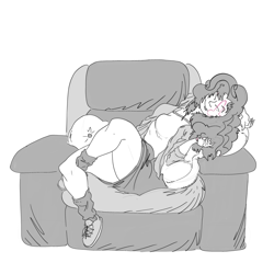 Size: 3364x3364 | Tagged: safe, artist:ponny, derpibooru import, pinkie pie, human, :p, black and white, clothes, drawthread, grayscale, humanized, jacket, lying down, monochrome, pillow, requested art, shoes, simple background, sleeping, sofa, solo, tongue, tongue out, white background