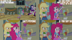 Size: 1280x720 | Tagged: safe, derpibooru import, edit, edited screencap, editor:quoterific, screencap, applejack, pinkie pie, spike, twilight sparkle, dog, human, equestria girls, g4, applejack's hat, balloon, cider, clothes, cowboy hat, dialogue, female, group, hat, male, my little pony equestria girls, quartet, spike the dog