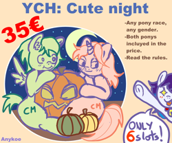 Size: 1600x1333 | Tagged: safe, artist:anykoe, derpibooru import, oc, oc:anykoe, commission, cute, duo, halloween, holiday, night, pumpkin, signature, smiling, starry eyes, text, tongue, tongue out, wingding eyes, ych example, your character here