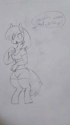 Size: 2250x4000 | Tagged: safe, artist:rubyrelax, derpibooru import, oc, anthro, earth pony, unguligrade anthro, clothes, female, shirt, shorts, speech bubble, traditional art