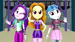 Size: 1920x1080 | Tagged: safe, artist:rainofbladess, derpibooru import, adagio dazzle, aria blaze, sonata dusk, human, equestria girls, g4, 2024, 3d, clothes, gymnasium, hand on hip, happy, looking at you, one eye closed, photo, rainbow rocks 10th anniversary, smiling, source filmmaker, teeth, waving, wink