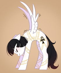 Size: 2511x3000 | Tagged: safe, artist:melodylibris, derpibooru import, oc, oc only, oc:spicy stir, pegasus, pony, ankh, arched back, black mane, black tail, blushing, eyes closed, female, gradient background, mare, pegasus oc, profile, raised wings, side view, solo, stretching, tail