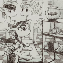 Size: 3000x3000 | Tagged: safe, artist:sivelu, derpibooru import, oc, oc only, earth pony, fish, pegasus, pony, black and white, braid, doctor, female, filly, fish bowl, foal, grayscale, hairclip, hospital, lying down, mare, monochrome, multiple wings, prone, trio, wing ears, wings