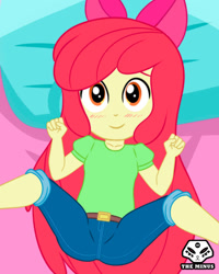 Size: 720x900 | Tagged: safe, artist:theminus, derpibooru import, apple bloom, human, equestria girls, g4, belt buckle, blushing, bow, clothes, denim, hair bow, implied lolicon, implied sex, jeans, looking at you, lying down, on back, pants, shirt, smiling, smiling at you, solo, spread legs, spreading, t-shirt