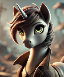 Size: 842x1024 | Tagged: safe, ai content, derpibooru import, generator:dall-e 3, machine learning generated, oc, oc:littlepip, pony, unicorn, fallout equestria, horn, prompter:teonanakatle, redesign, solo, wasteland