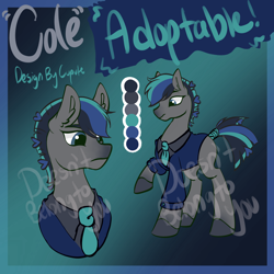 Size: 1994x1994 | Tagged: safe, artist:cupute, derpibooru import, oc, oc only, earth pony, horse, pony, adoptable, adoptable open, big ears, black mane, blue eyes, blue mane, clothes, color palette, colored, colored hooves, deviantart, deviantart link, digital art, ears, gradient hooves, gray coat, gray hooves, hooves, ko-fi, kofi, letter, mohawk, multicolored hair, multicolored mane, multicolored tail, necktie, paypal, ponytail, reference sheet, sale, short hair, solo, suit, tail, text