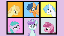 Size: 1280x720 | Tagged: safe, artist:maddiewondermanforever36, artist:rain-approves, derpibooru import, cotton cloudy, first base, liza doolots, noi, petunia, ruby pinch, tootsie flute, earth pony, pegasus, pony, unicorn, g4, season 1, the ticket master, adorabase, angry, aura (g4), aurabetes, base used, cottonbetes, cute, eyes closed, female, filly six, flying, frown, grin, group, horn, lavender background, looking up, madorable, mare, narrowed eyes, noiabetes, older, older aura (g4), older cotton cloudy, older first base, older liza doolots, older noi, older petunia, older ruby pinch, older tootsie flute, pegasus first base, pinchybetes, race swap, sextet, shocked, simple background, smiling, talking, tootsie cute, yelling