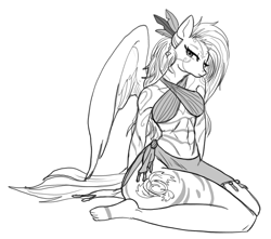 Size: 1059x936 | Tagged: safe, artist:v-nico, derpibooru import, oc, oc only, anthro, pegasus, plantigrade anthro, abs, anthro oc, black and white, bocas top, bodypaint, breasts, clothes, female, grayscale, kneeling, loincloth, looking at you, looking sideways, mare, monochrome, pegasus oc, solo, three quarter view, tribal, tribal markings